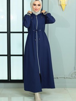 İndigo Fermuarlı Beli Bağcıklı Ferace