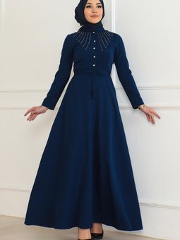 İndigo Taş Detaylı Elbise