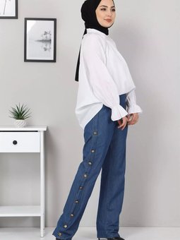 Koyu Mavi Düğme Detaylı Kot Pantolon