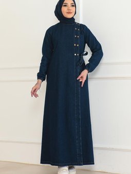 Koyu Mavi Düğmeli Yandan Bağlamalı Kot Ferace