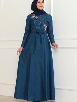 Koyu Mavi Nakış Detaylı Kot Elbise