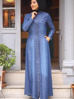 Koyu Mavi Taşlı Gizli Düğmeli Kot Ferace