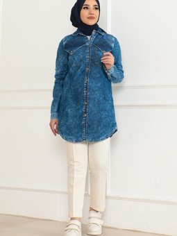 Mavi Düğme Detaylı Kot Tunik