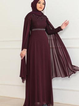 Mürdüm Taş Detaylı Abiye Elbise