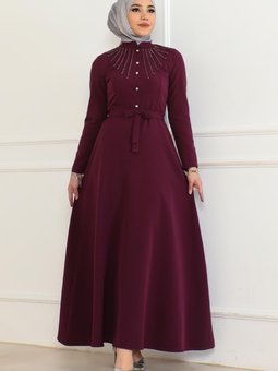 Mürdüm Taş Detaylı Elbise