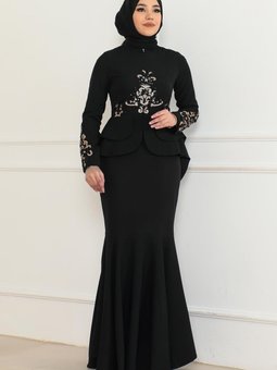 Siyah Desenli Balık Abiye Elbise