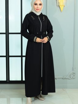 Siyah Fermuarlı Beli Bağcıklı Ferace