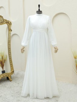 Pliseli Kruvaze Tül Abiye Elbise Beyaz