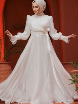 Bağlama Detaylı Beyaz Abiye Elbise 48051b