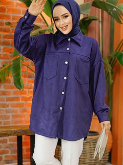Düğmeli Lacivert Süet Gömlek 10305l