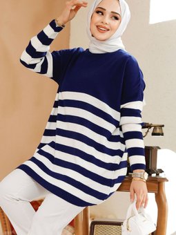 Şerit Çizgili Lacivert Triko Kazak Tunik 5325l