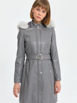 Beli Kemerli Kürklü Deri Kap Gri