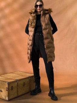 Çıkabilir Kapüşonlu Desenli Şişme Yelek Taba 8210