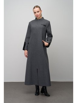 Deri Ve Aksesuar Detaylı Yün Karışımlı Büyük Beden Antrasit Pardesü
