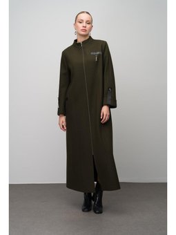 Deri Ve Aksesuar Detaylı Yün Karışımlı Büyük Beden Haki Pardesü