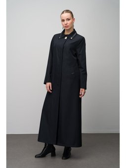 Gömlek Yaka Deri Ve Metal Aksesuarlı Büyük Beden Astarlı Trenç Lacivert Pardesü