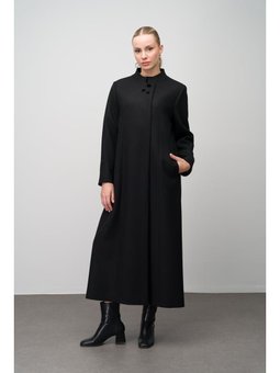 Hakim Yaka İşleme Detaylı Yün Karışımlı Büyük Beden Siyah Pardesü