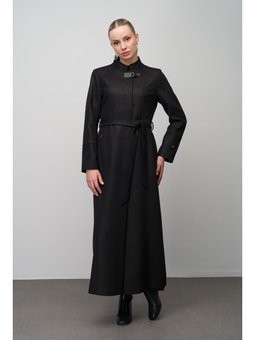 Hakim Yaka İşleme Ve Deri Aksesuarlı Gabardin Süet Görünümlü Büyük Beden Siyah Pardesü