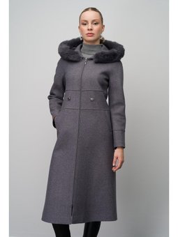 Kürklü Kapüşonlu Beli Büzgülü Yün Karışımlı Gri Kap
