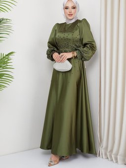 Önü Ve Kolları Serpme Taş Detaylı Saten Abiye Elbise Açık Yeşil 1658