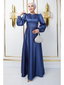 Önü Ve Kolları Serpme Taş Detaylı Saten Abiye Elbise K. İndigo