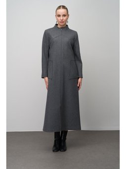 Taş Detaylı Büyük Beden Yün Karışımlı Uzun Antrasit Kap