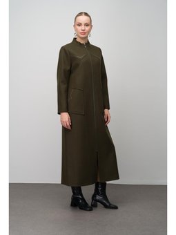 Taş Detaylı Büyük Beden Yün Karışımlı Uzun Haki Kap