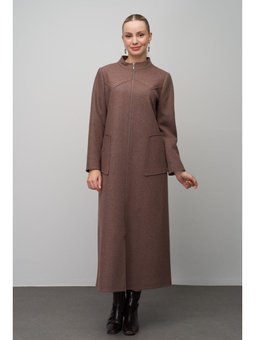 Taş Detaylı Büyük Beden Yün Karışımlı Uzun Kap Melanj Kahve