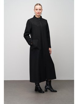 Taş Detaylı Büyük Beden Yün Karışımlı Uzun Siyah Kap