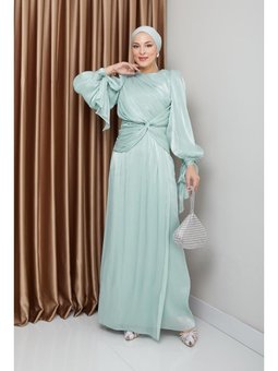 Volan Ve Fiyonk Detaylı Kol Ağzı Bağlamalı Yoryo İpek Abiye Elbise Mint