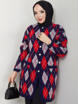 Kareli Cepli Düğme Kapamalı Triko Hırka