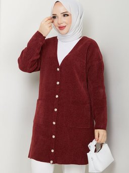 Şönil Kadife İplik Cepli Triko Hırka