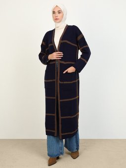 Çizgi Detaylı Uzun Triko Hırka Lacivert