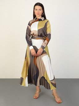 Piliseli Geometrik Desenli Saten Şık Etek Yag Yesili