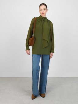 Yakası Bağlama Detaylı Bluz / Haki Gömlek