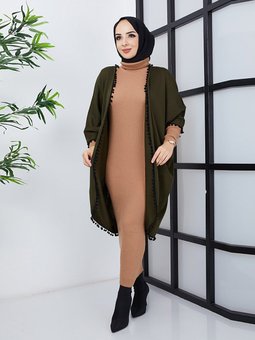 Püsküllü Düz Haki Kap