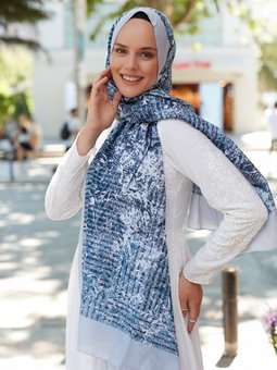 Çizgili Çiçek Pamuklu Soft Kot Mavisi Şal