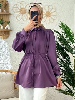 22420 Omuz Büzgülü Saten Gömlek Mor