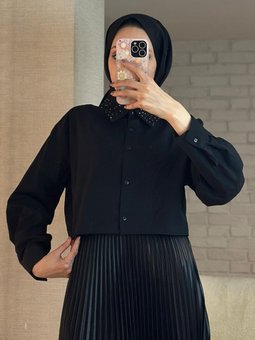 8003 Yakası Taşlı Kısa Gömlek Siyah