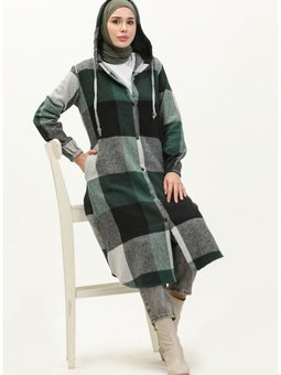 Kapüşonlu Desenli Pardesü 0184 03 Zümrüt Yeşili Siyah
