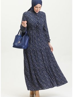 Viskon Küçük Çiçekli Elbise 0391 01 Lacivert
