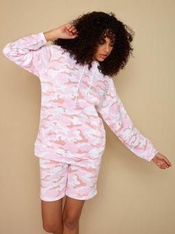 Pembe Kamuflaj Desenli Kapüşonlu Sweatshirt