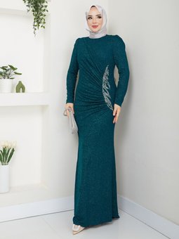 Zümrüt Yeşili Alya Tesettür Abiye Elbise