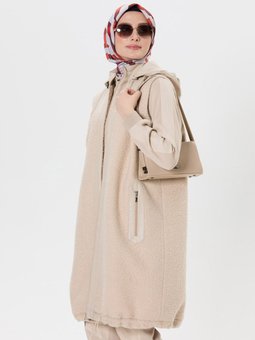 Krem Büyük Beden Deri Mixli Teddy Yelek 2517149