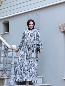 Gri Yakası Önde Püskül Ve Kol Ucu Lastikli Dokuma Viskon Kumaş Ebru Desenli Elbise