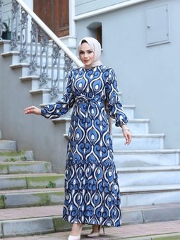 Mavi Bel Kuşaklı Dokuma Viskon Kumaş Şık Renkli Ve Desenli Elbise