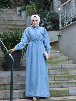 Mavi Ön Cep Kapaklı Ve Düğmeli Belden İp Detaylı Uzun Bisiklet Yaka Yıkamalı Şık Kot Elbise