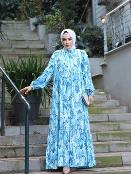 Mavi Yakası Önde Püskül Ve Kol Ucu Lastikli Dokuma Viskon Kumaş Ebru Desenli Elbise