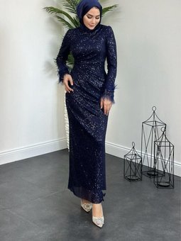 Kol Saçak Payet Abiye Elbise Lacivert