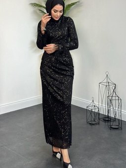 Kol Saçak Payet Abiye Elbise Siyah